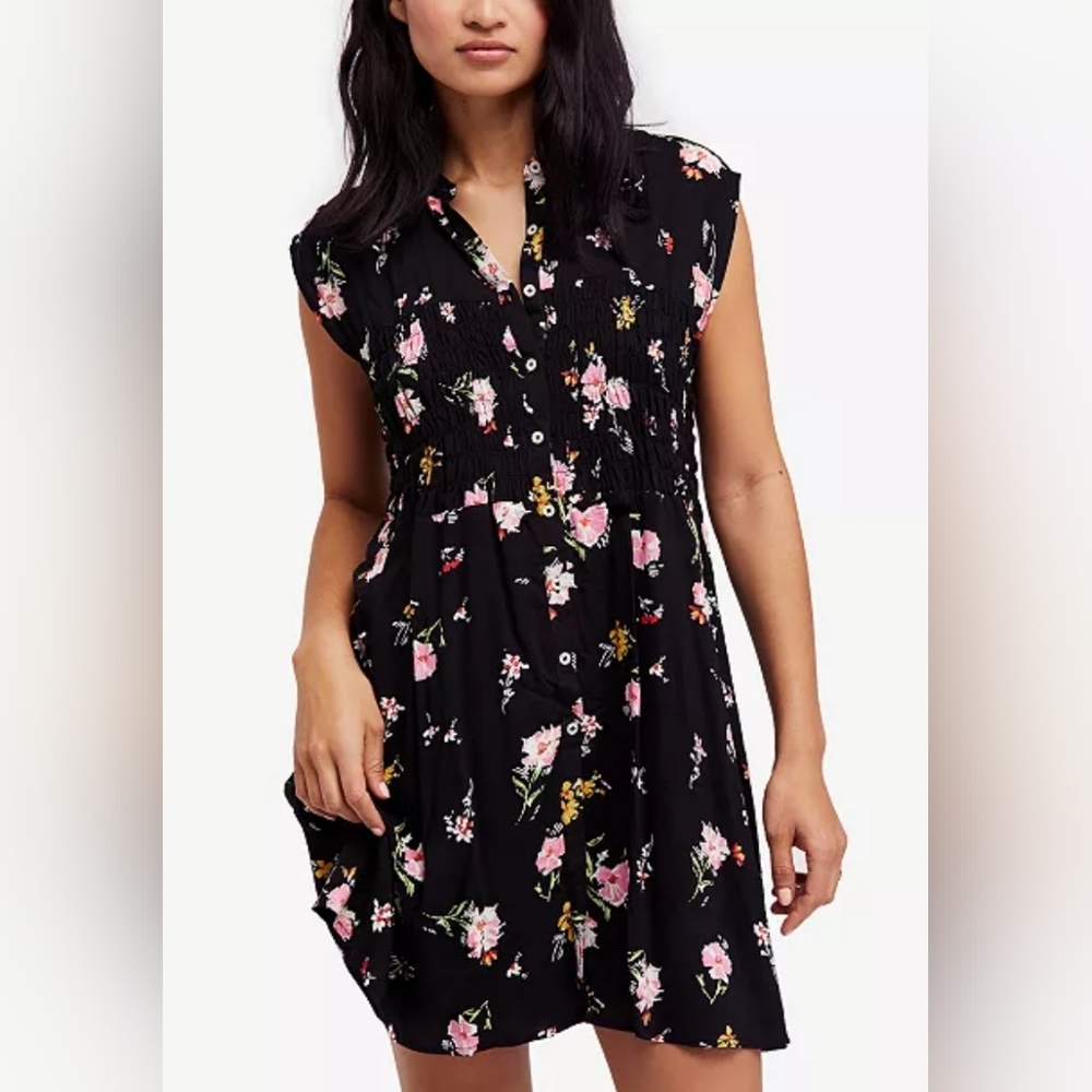 FREE PEOPLE Greatest Day Printed Smocked Shirtdress Black Size S